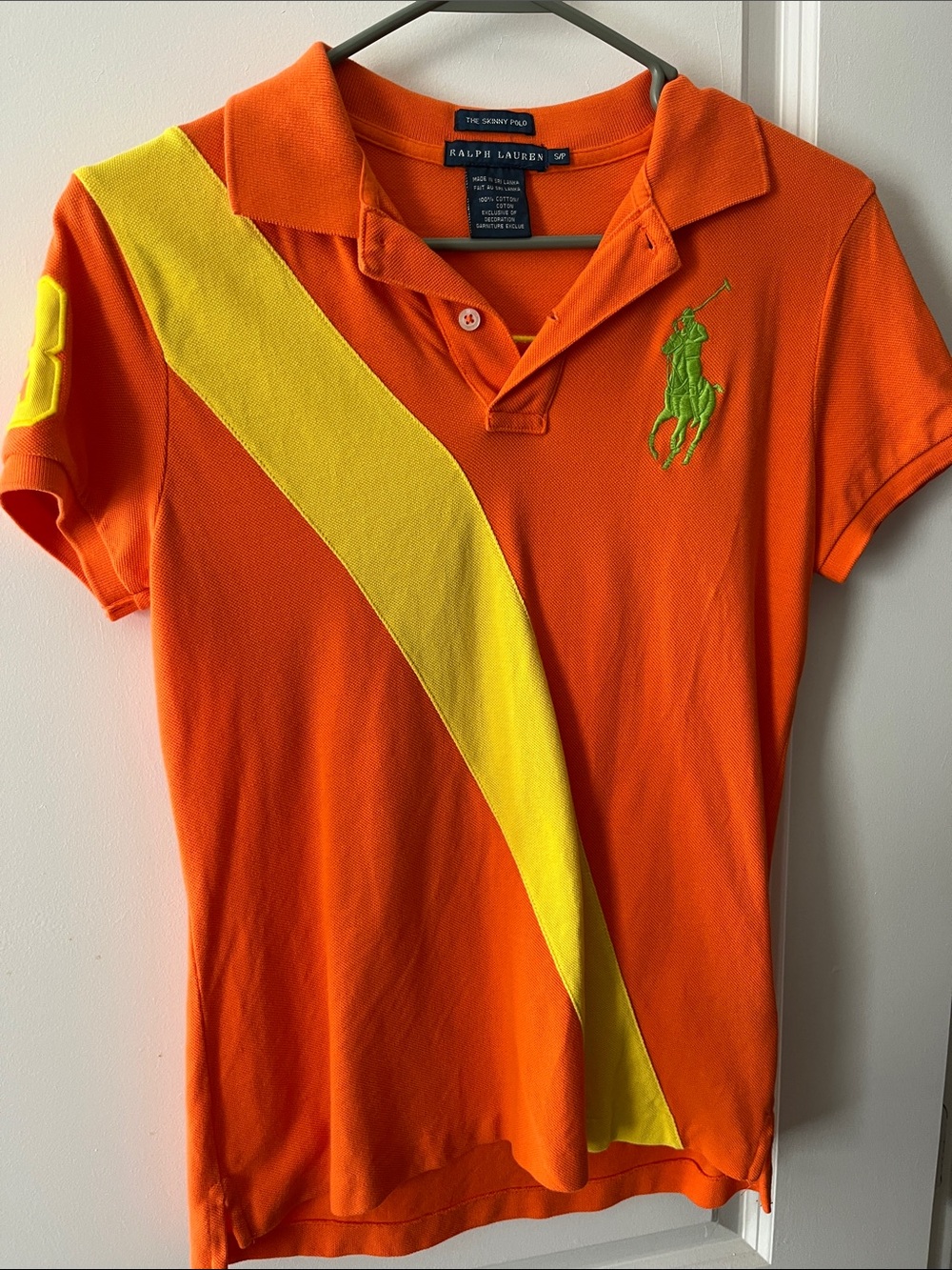 Ralph Lauren Orange Polo with Yellow Sash and Green Pony & 3 patch Small